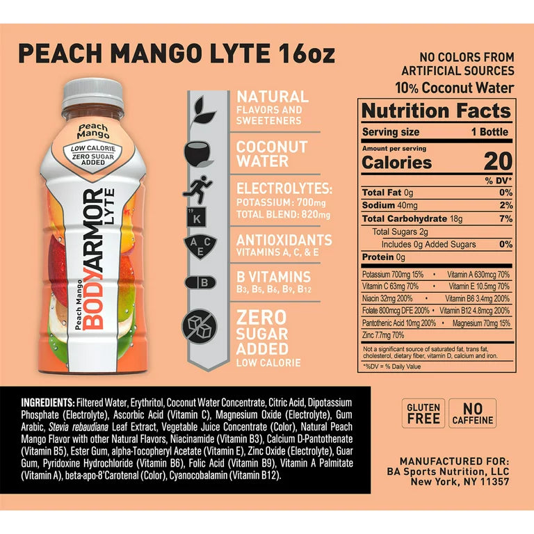 BodyArmor Lyte Peach Mango 16 0z