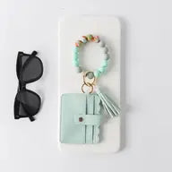 Silicone Tassel Beaded Bangle Wristlet Keychain Bracelet With Card Holder Wallet | Mint green