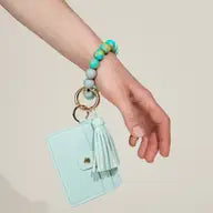 Silicone Tassel Beaded Bangle Wristlet Keychain Bracelet With Card Holder Wallet | Mint green