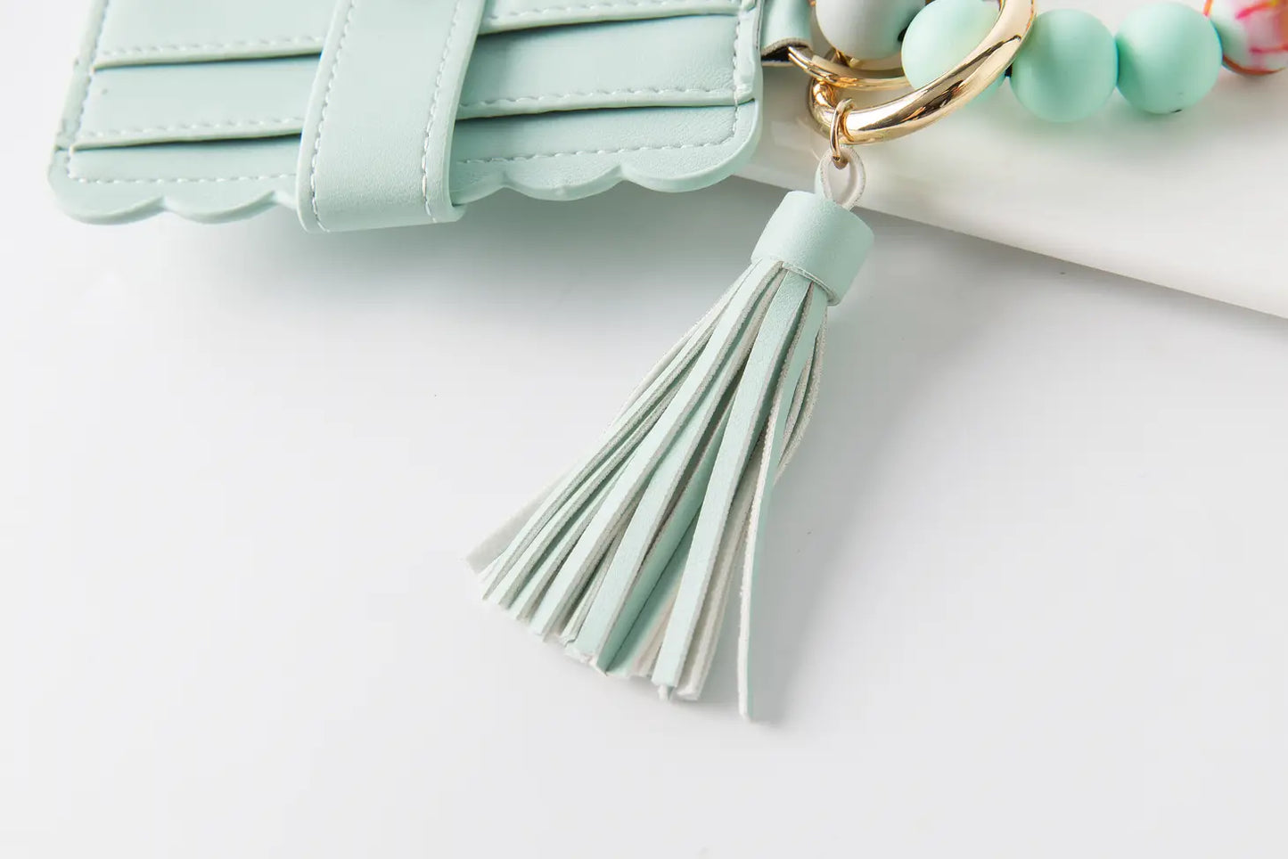 Silicone Tassel Beaded Bangle Wristlet Keychain Bracelet With Card Holder Wallet | Mint green