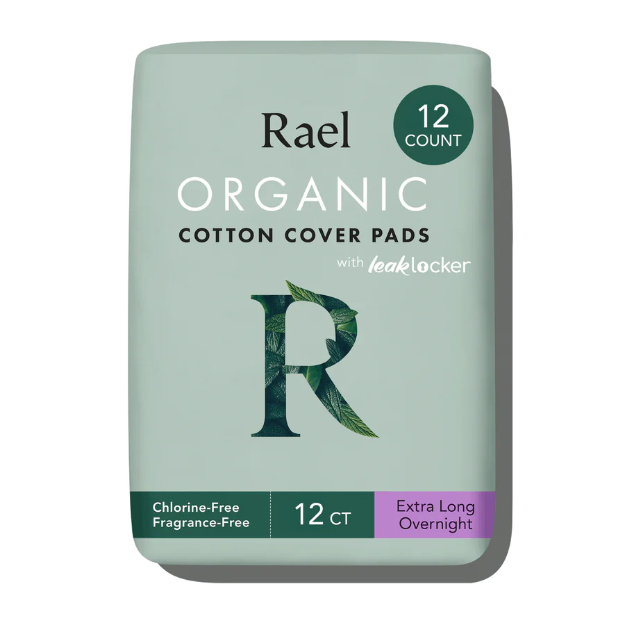 Rael Organic Cotton Cover Pads with Leak Locker (12 count Extra Long Overnight)